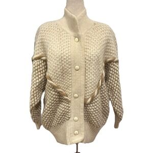 Vtg Sister Knit Cardigan Sweater Jacket Button Chunky Thick‎ Knit Cream Brown OS